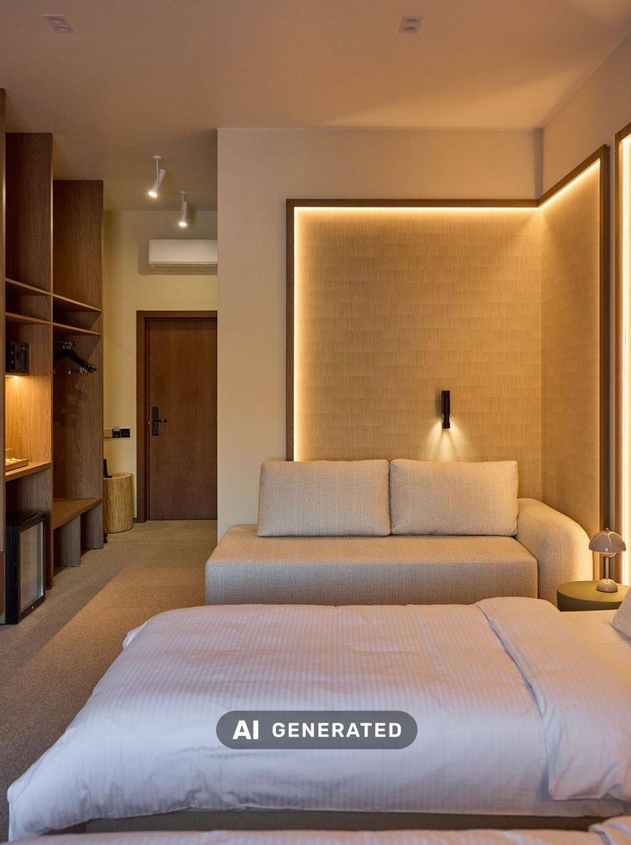 Wohn-Schlafzimmer mit indirekter Beleuchtung hinter dem Sofa