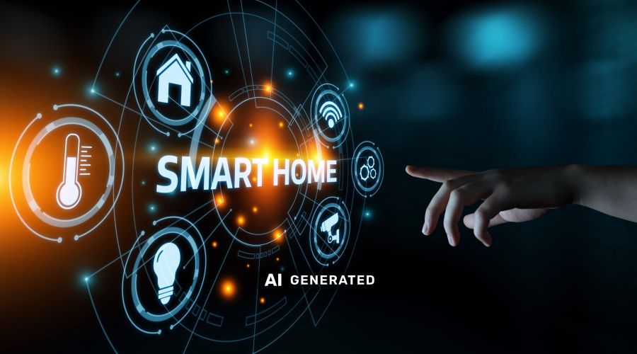 Virtuelle Darstellung von SmartHome mit verschiedenen Elementen, Finger zeigt auf Grafik