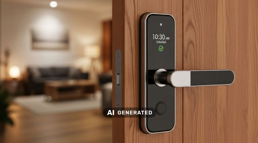 SmartHome-Türgrif mit digitaler Anzeige der Uhrzeit