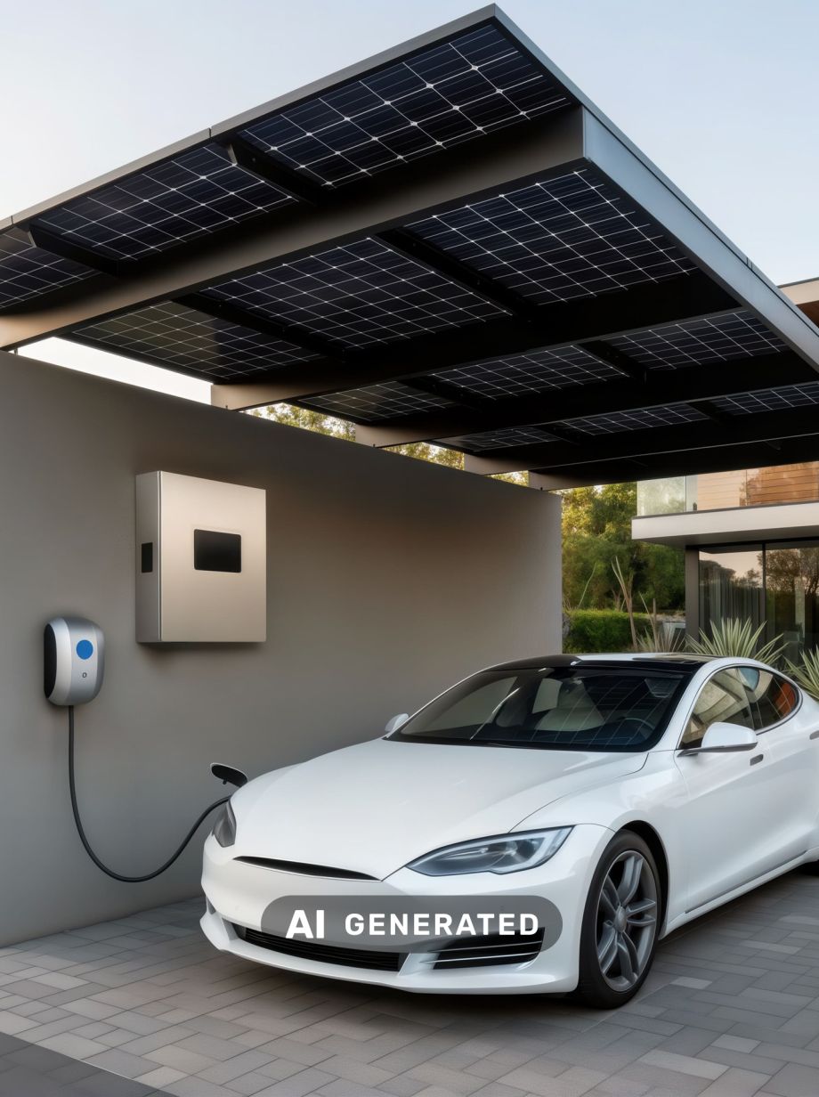 Auto wird an Wallbox getankt, Wallbox wird betrieben von darüber als Carport genutzten Solarpanelden