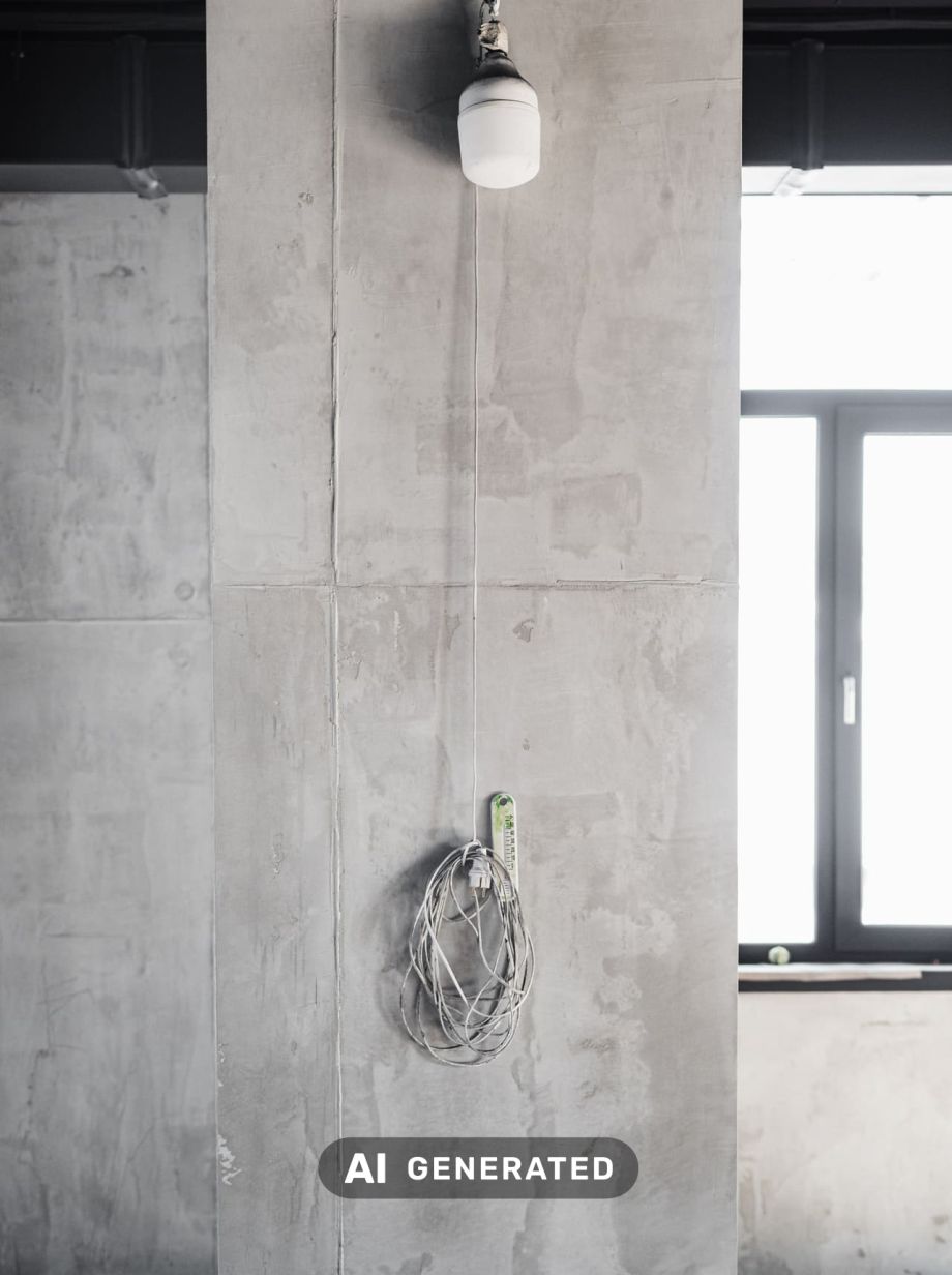 Rohbetonwand mit Baulampe und Kabeln
